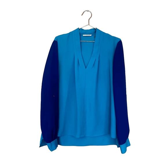 T Tahari Color Block Blue V Neck Blouse - Size Large - Picture 1 of 6